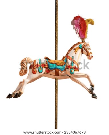 Close-up of a plastic horse of a carousel horses or merry-go-round (supported by a pole and with feathers on the head), isolated on white background. Italy, Europe. Royalty-Free Stock Photo #2354067673