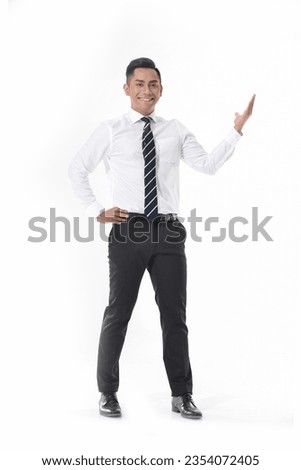 Full length portrait of a Man, businessman in,white shirt, ,tie with welcome gesture isolated on white background. Royalty-Free Stock Photo #2354072405