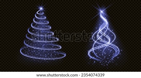 Realistic set of neon blue spiral and cone Christmas light trees isolated on transparent background. Vector illustration of xmas swirls decorated with stars and shimmering particles. Holiday decor
