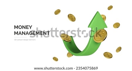 3D arrow up and gold coins. Money management and increase profit. Stock market graphic. Growth capital. Vector illustration