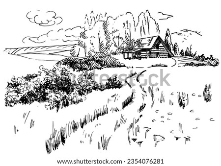 Green grass field on small hills. Meadow, alkali, lye, grassland, pommel, lea, pasturage, farm. Rural scenery landscape panorama of countryside pastures. Vector sketch illustration
 Royalty-Free Stock Photo #2354076281