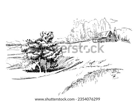 Green grass field on small hills. Meadow, alkali, lye, grassland, pommel, lea, pasturage, farm. Rural scenery landscape panorama of countryside pastures. Vector sketch illustration
 Royalty-Free Stock Photo #2354076299