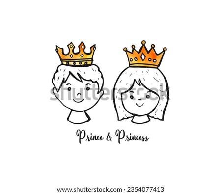Hand-drawn cute doodle cartoon of prince and princess head wearing crown. Watercolor coloring crown. Adorable cute line art drawing prince and princess vector illustration isolated on white background