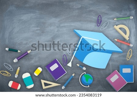 Creative colorful back to school sketch on chalkboard wall backdrop. Education and knowledge concept
