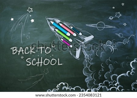 Creative back to school sketch with pencils and rocket on blackboard wall background. Education and knowledge concept
