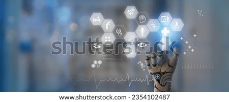 Digital healthcare and medical technology concept. Using AI artificial intelligence, telemedicine, mobile health applications, remote healthcare for personalized diagnoses and treatment in real time. Royalty-Free Stock Photo #2354102487