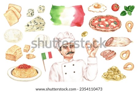 Italian food and cook set. Watercolor illustration of chef with dishes isolated on a white background. Hand drawn clip art bundle national cuisine of italy. Drawing of pizza and spaghetti