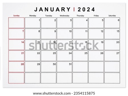 January 2024 monthly calendar page isolated on white background, Saved clipping path.