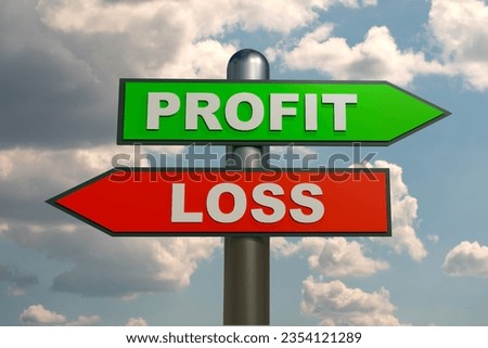Profit or loss, green and red arrow. Left for loss, right for profit. Business, return on investment, making money. 3D illustration