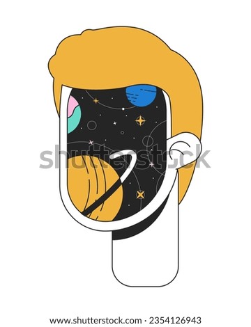 Surrealism man with cosmic face flat line color isolated conceptual clipart. Surreal consciousness. Editable vector object on white background. Simple outline cartoon spot illustration for web design