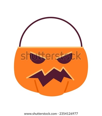 Halloween pumpkin basket semi flat colour vector object. Candy bucket. Jack o lantern container. Editable cartoon clip art icon on white background. Simple spot illustration for web graphic design