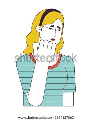 Unhappy young woman flat line color vector character. Editable outline half body worried girl on white. Simple cartoon spot illustration for web graphic design