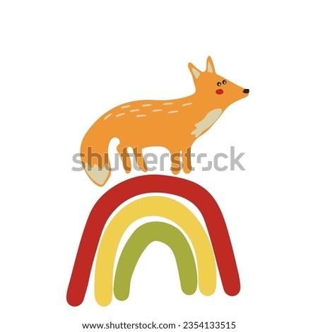 A cute fox standing on a rainbow. Autumn clip-art with an animal. Children's flat design