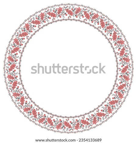 Vector illustration of Ukrainian ornament in ethnic floral style with oak leaves and acorns, identity, vyshyvanka, embroidery for print clothes, websites, banners. background. Floral design, border