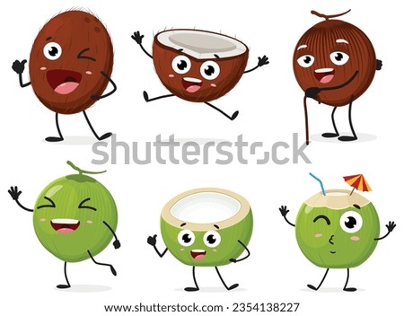 Set of cute coconut cartoon characters, isolated on white background