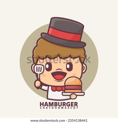 cartoon mascot with hamburger. vector illustrations with outline style, suitable for, logo brand, stickers, icons, etc.
