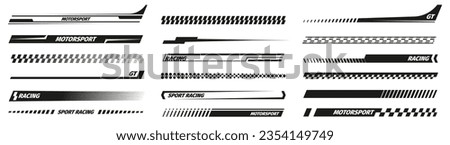 Black racing stripes. Modern race modification mark, elegant futuristic techno decals for bike car and motorcycle. Vector set. Motor vehicle stickers for tuning isolated collection Royalty-Free Stock Photo #2354149749