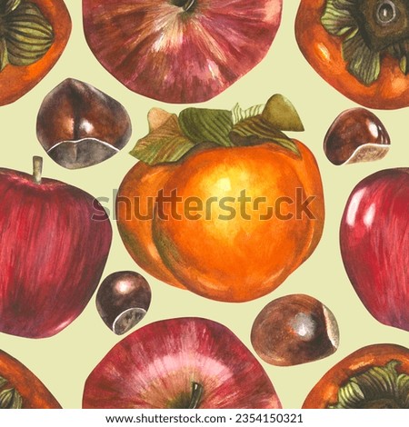 Watercolor seamless pattern for Korean holiday Chuseok. Autumn Harvest Festival. Isolated illustrations on a light green background - persimmon, apple, chestnuts, hand-drawn