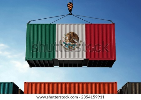 Freight containers with Mexico flag, clouds background Royalty-Free Stock Photo #2354159911