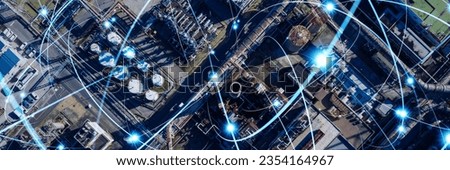 Modern factory aerial view and wireless communication network concept. Industrial Internet of Things. IIoT. Wide angle visual for banners or advertisements.