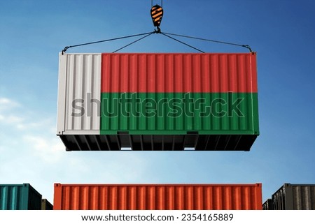 Freight containers with Madagascar flag, clouds background