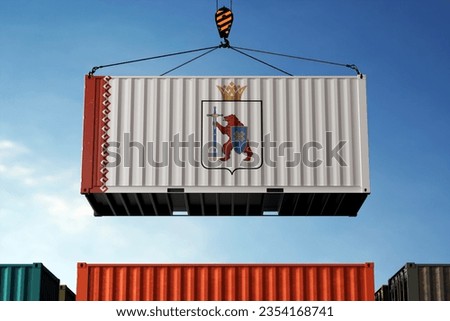 Freight containers with Mari El flag, clouds background