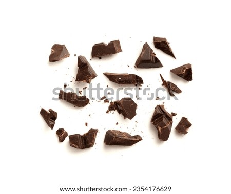 Grated Chocolate Isolated, Broken Crushed Chocolate Shavings, Crumbs Pile, Scattered Flakes, Cocoa Sprinkles for Desserts Decoration on White Background Top View Royalty-Free Stock Photo #2354176629