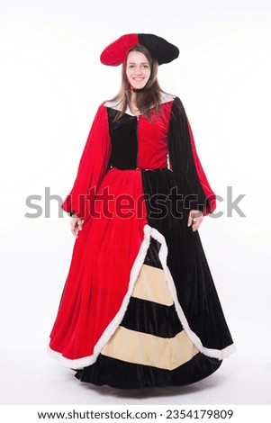 Queen of Hearts Costume, Alice in Wonderland isolated on white.