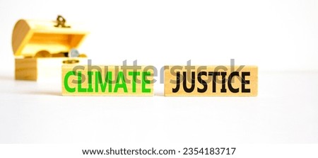 Climate justice symbol. Concept words Climate justice on beautiful wooden blocks. Beautiful white table background. Wooden chest with coins. Business environment climate justice concept. Copy space.