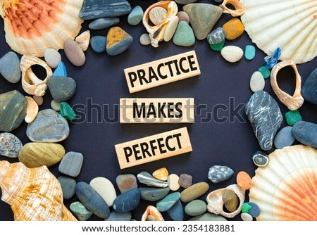 Practice makes perfect symbol. Concept words Practice makes perfect on wooden block. Beautiful black table black background. Sea stone seashell. Business practice makes perfect concept. Copy space.