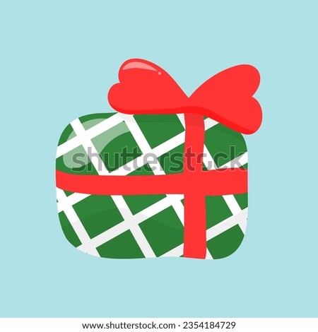 Vector single clipart green gift box with white stripeds. Christmas Box. In hand-drawn style.