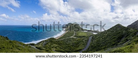 Panoramic view on Timothy Hill lookout of Saint Kitts and Nevis Caribbean island on cruise vacation. Royalty-Free Stock Photo #2354197241