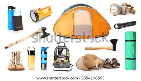 Collage of traveler's accessories on white background Royalty-Free Stock Photo #2354198553