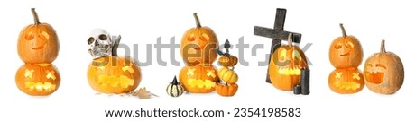Collage of Jack-O-Lantern pumpkins with decor on white background