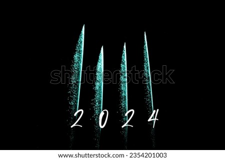 Happy new year 2024 turquoise fireworks rockets new years eve. Luxury firework event sky show turn of the year celebration. Holidays season party time. Premium entertainment nightlife background