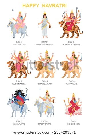 Nine Indian goddesses Devi set. Happy Navratri festival celebration with Navadurga character. Religious related traditions of India culture. Cartoon flat vector collection isolated on white background Royalty-Free Stock Photo #2354203591