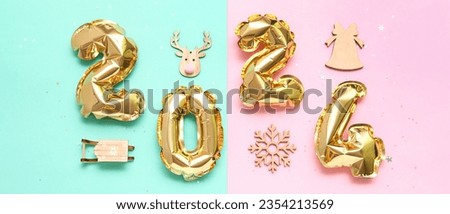 Figure 2024 made of balloons and Christmas decorations on color background