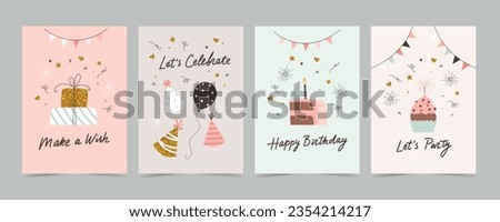 Happy birthday card set with cake, balloons and calligraphy. Cute and elegant vector illustration templates in simple style Royalty-Free Stock Photo #2354214217