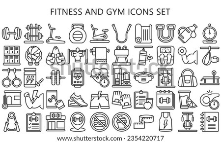 Fitness and gym black outline icons pack. contain barbell, dumbbell, treadmill, bottle and more. use for modern concept, UI or UX kit, web and app development. vector EPS 10 ready convert to SVG.
