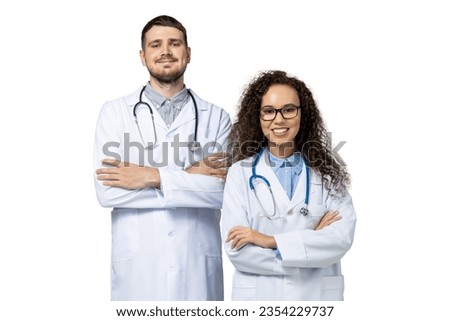 Male and female doctors in white uniform, isolated on white background