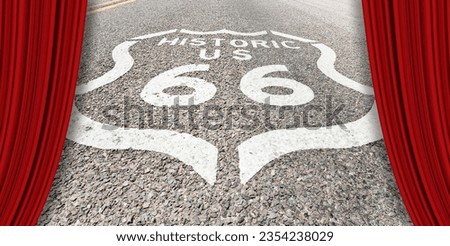 Historic Route 66 sign painted on asphalt of highway in Arizona - California - Concept image