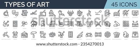 Set of 45 outline icons related to types, styles, examples, forms of art. Linear icon collection. Editable stroke. Vector illustration