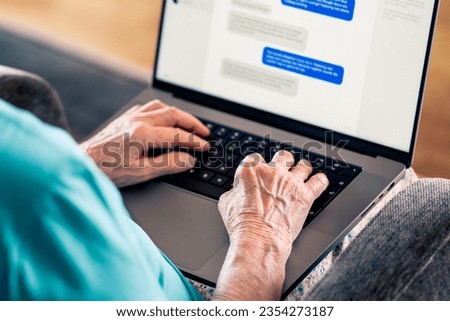 Old woman and online romance scam. Love and money fraud on internet. Elder senior using computer. Fake profile and catfish on dating website chat messages. Instant messaging. Mature person with laptop Royalty-Free Stock Photo #2354273187