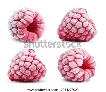 Set of frozen raspberries isolated on white background