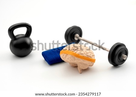 Anatomy Model of a Human Brain Next to Gym Weights Concept for Brainpower, Psychological Fitness, Cognitive Strength, Intellectual Power, Workouts for Mental Health and Training the Mind