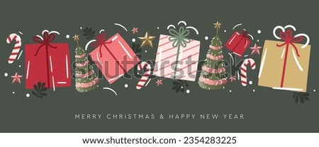 Christmas banner. Background Xmas design of gifts box, decorative green tree pine, gold star, tinsel confetti. Horizontal Christmas header for website template. Vector illustration