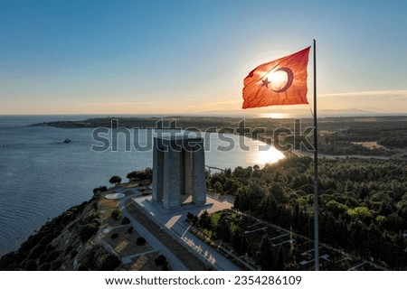 Canakkale - Turkey, Gallipoli peninsula, where Canakkale land and sea battles took place during the first world war. Martyrs monument and Anzac Cove. Photo shoot with drone in sunset landscape. Royalty-Free Stock Photo #2354286109