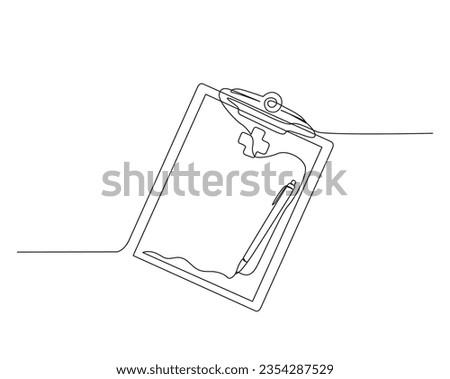 Continuous one line drawing of clipboard with pen. Medical document on clipboard outline vector illustration. Editable stroke.