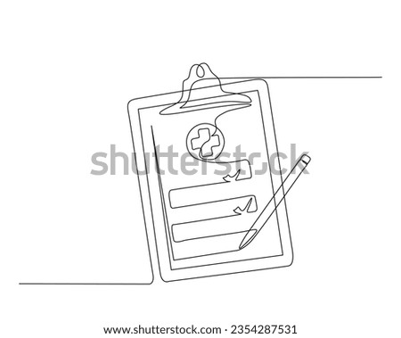 Continuous one line drawing of clipboard with pen. Medical document on clipboard outline vector illustration. Editable stroke.
