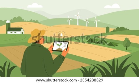 Sustainable agriculture concept. Farmer using green agricultural technology and combining wind and solar power with farming. Vector illustration Royalty-Free Stock Photo #2354288329